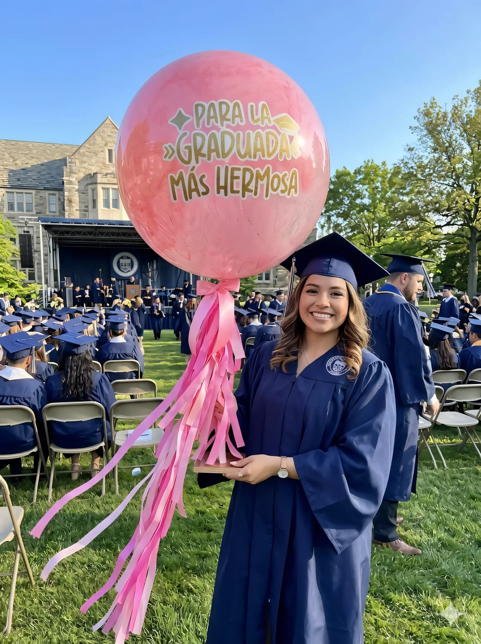 Graduada feliz con globo personalizado de Florería Andrea Garibay en León