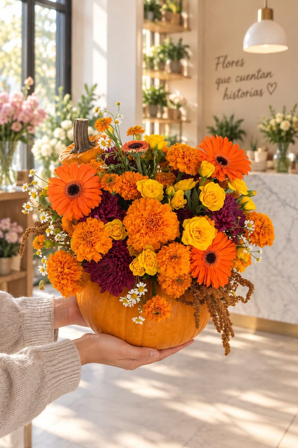 COSECHA DORADA | Diseño Floral en Calabaza | Colección La Vida Florece — Cosecha Dorada — El otoño mexicano convertido en flores
Hay estaciones que nos regalan colores extraordinar