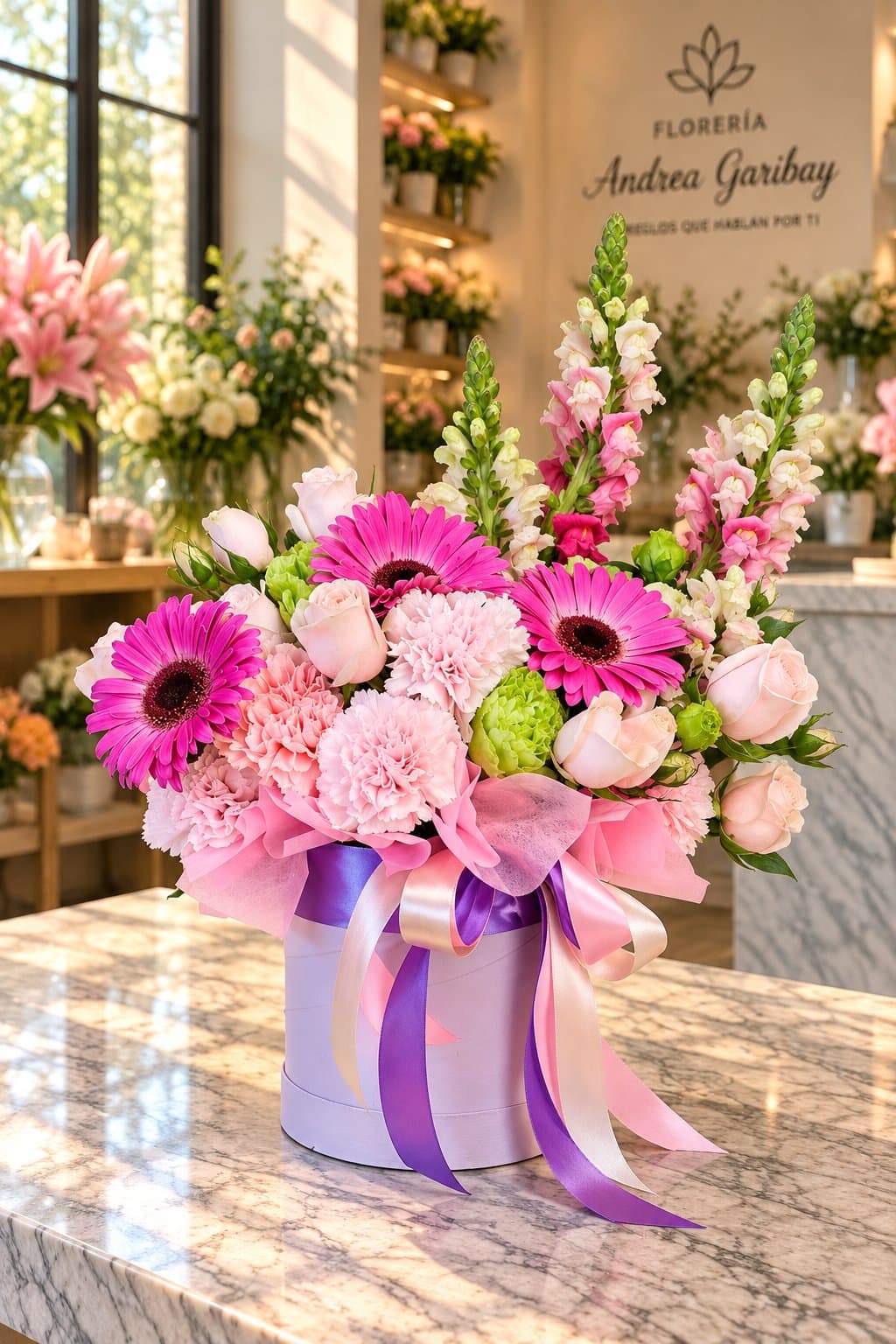 AURORA | Diseño Floral en Caja Lavanda — Aurora – Un detalle que ilumina el día
Hay personas que llenan nuestra vida de color y merecen recibir flores tan especiales como ellas.